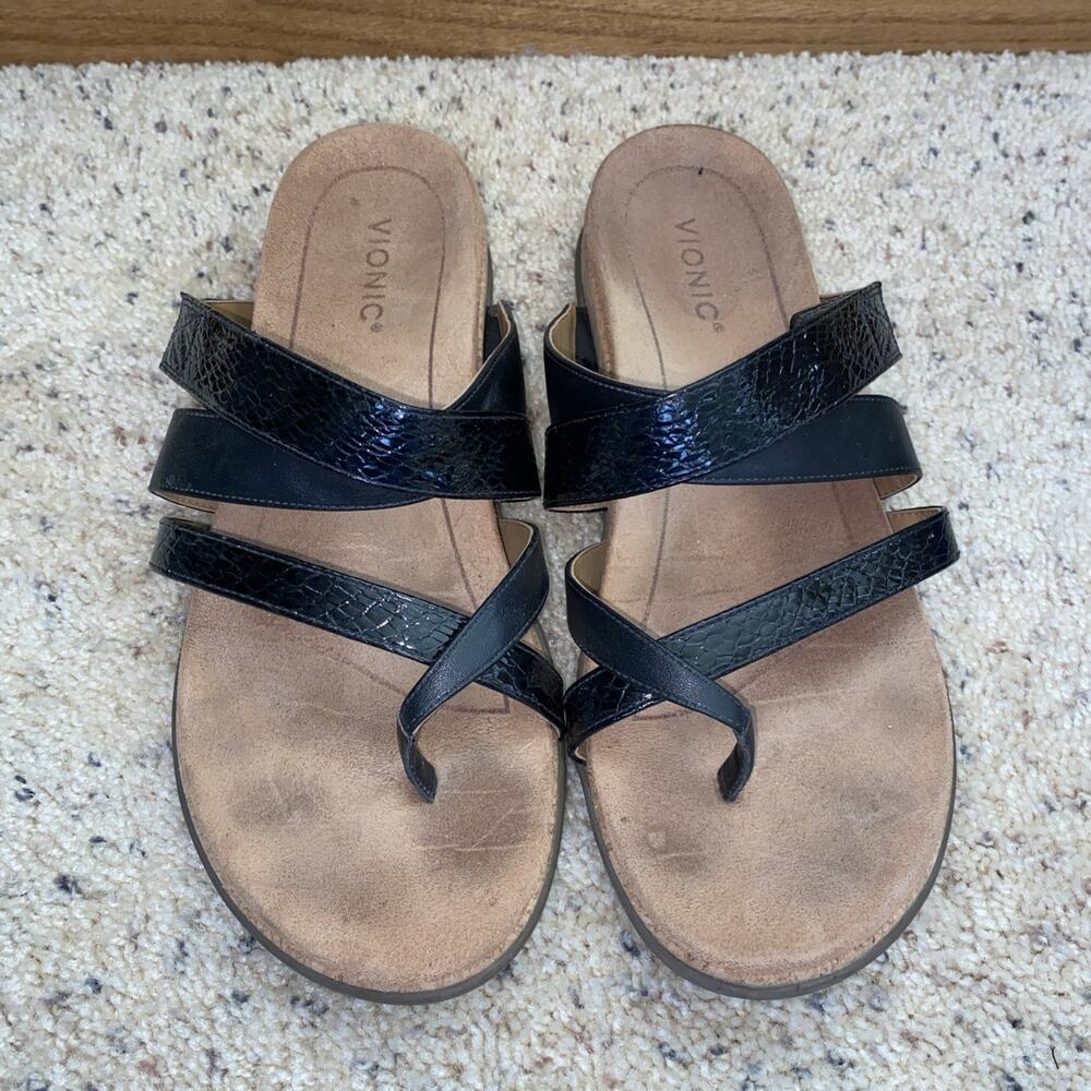 Vionic Black Patent Lizard Leather Anelle Thong Sandals Size 11